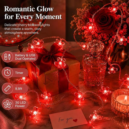 Battery & USB Operated 10ft Red Cherry Blossom Flower Fairy Lights String | Cute Flower String Lights With Timer For Bedroom, Party, Wedding, Christmas, Easter Tree Branch Hanging Romantic Decorations