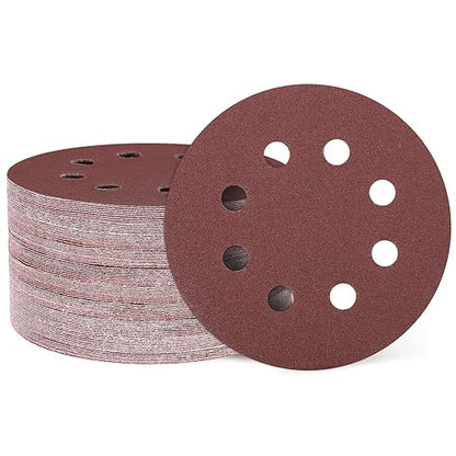 HARFINGTON 100 Pcs 5 Inch Sanding Discs, 120 Grit Hook and Loop Sandpaper, 8-Hole Aluminum Oxide Orbital Sander Sandpaper for Woodworking Automotive Metal Polishing, Red