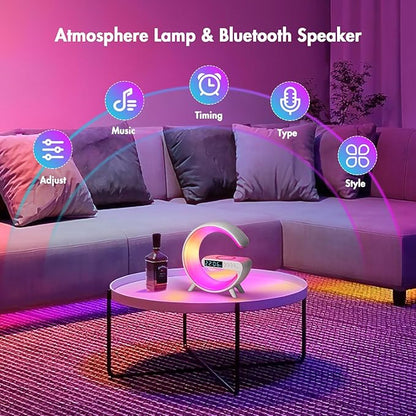 Blingbin Wireless Charger Atmosphere Lamp, 2025 New Mini LED Table Lamp, Bluetooth Speaker, Dimmable Night Light Bedside Lamp Alarm Clock with Music for Christmas Birthday New Year Gifts