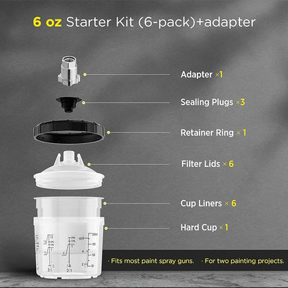 InoKraft Disposable Paint Spray Gun Cup, Mini 6 Ounce (180ml) Kit with 6 Cups and Lids, 1 Hard Cup with Retainer Ring, 3 Plugs, Paint System for HVLP LVLP Spray Gun with Adapter for Beginner