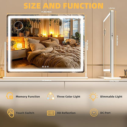 Large Vanity Mirror with Lights 34'' x 25.6'' - Touch Screen Hollywood Makeup Mirror, 3 Color Modes + Dimmable LED Lighting, Premium Aluminum Frame for Dressing Table