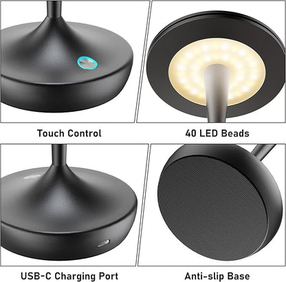 YHT CordlessTable Lamps Rechargeable, 6000mAh Battery Portable LED Touch Led Table Lamp, 3-Color Stepless Dimming & Memory Function, for Outdoor, Dinning, Patio, Restaurant, Kitchen (Black)