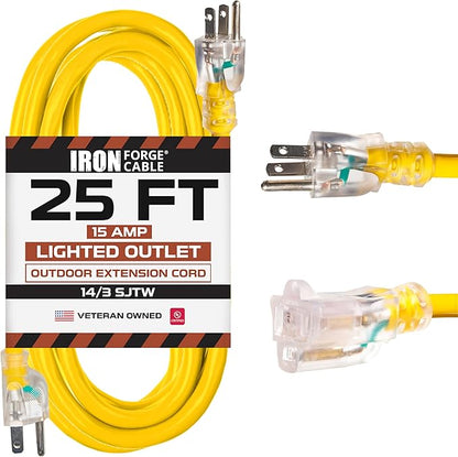 Iron Forge Cable Weatherproof 25 Ft Outdoor Extension Cord - 14/3 SJTW 15 Amp Heavy Duty Yellow Extension Cord 3 Prong - Lighted End