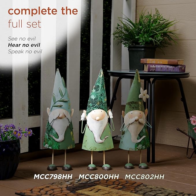 Alpine Corporation - 19" Tall Outdoor Garden Gnome Yard Decoration - Metal Statue with Hear No Evil Expression - Durable, Weatherproof Lawn Sculpture for Patio, Deck, Yard