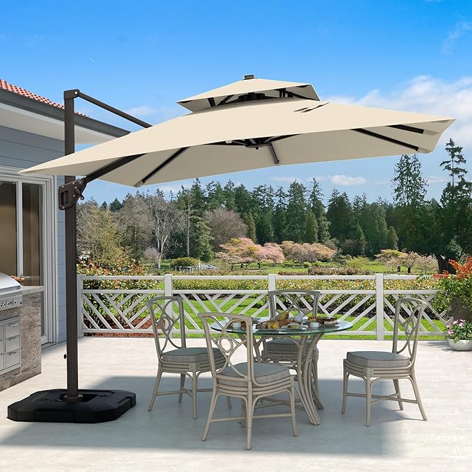 10' X 10' Cantilever Patio Umbrella Outdoor with Base Included Heavy Duty Double Top Windproof Square Offset Umbrellas with 360-degree Rotation for Pool Deck Backyard, Beige