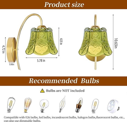 Wireless Wall Sconce with Flower lampshade, Battery Operated Wall Lights,Wall lamp with 15 Colors for Bedroom Living Room Home Decor (Green Flower,2 Light Battery Operated)