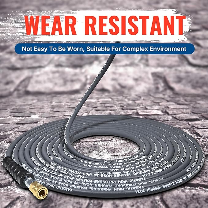 YAMATIC Pressure Washer Hose 50 FT, 3/8" Non-Marking Hot Water Use, 4000 PSI Steel Wire Braided Rubber Jacket – Replacement Power Washer Hose for Commercial Use