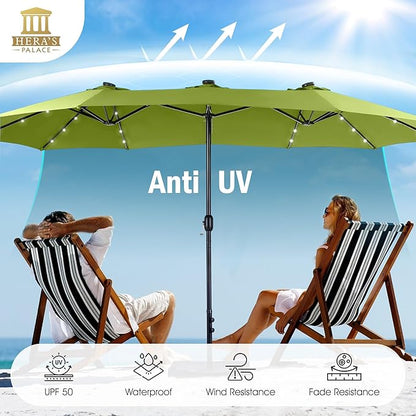 HERA'S PALACE 15ft Patio Umbrella with Base Included Double Sided Outdoor Umbrella for Patio Table Umbrella Outdoor 36 LED Solar Lights for Garden