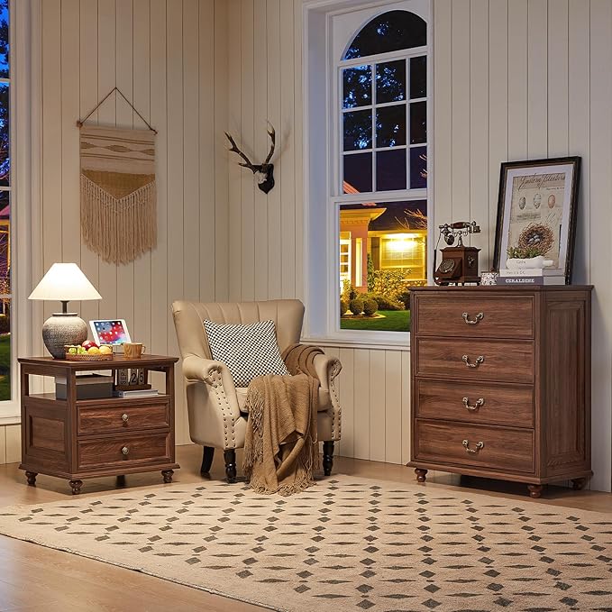 Farmhouse 4 Drawer Dresser for Bedroom, 37" Tall Rustic Chests of Drawers w/ 4 Solid Wood Feet, Mid Century Modern Wooden Closet Storage Dressers Organizer for Living Room, Hallway, Brown