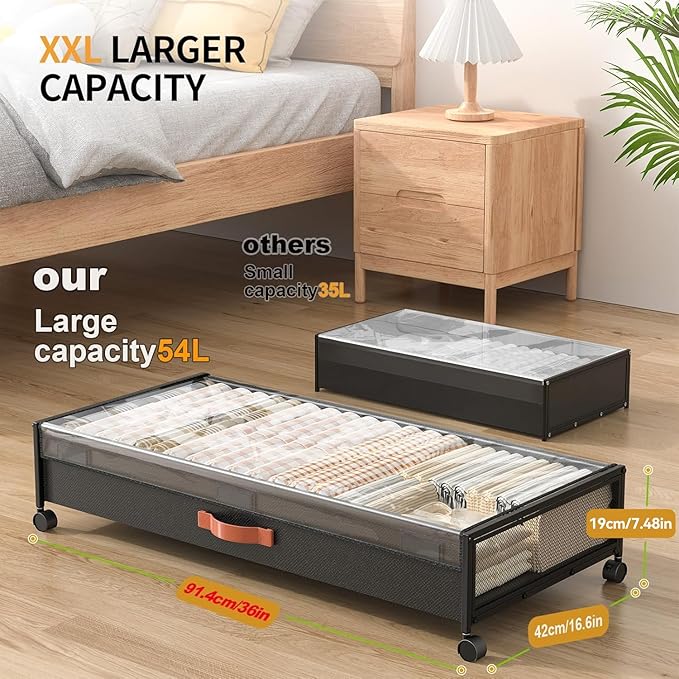Under Bed Storage with Wheels, XXXL Larger Under Bed Storage Containers with Clear Lids, 36'' Lengthen Under Bed Shoe Organizer, Rolling for Shoes Clothes (Black 1 Pack, XXXL(36"x16.6"x7.48"))
