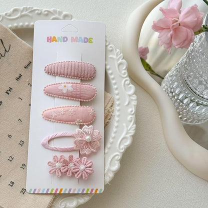 5Pcs Baby Hair Clips for Girls Toddler, 4 Snap Clips + 1 Fully Wrapped Alligator Clip, Soft Gradient Pink Floral Set with Handmade Embroidery & Faux Pearl, Non-Slip Safe Hair Barrettes for Infants