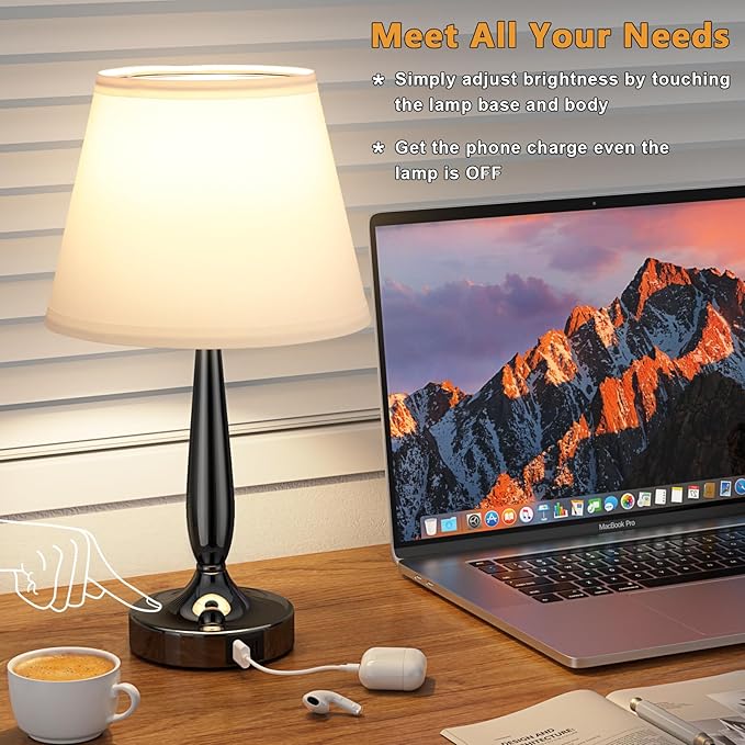 Kakanuo Touch Bedside Lamp for Bedroom with USB C Port, Small Touch Table Lamp with 2 USB Charging Ports, 3 Way Dimmable Nightstand Lamp for Living Room and Office - White (LED Bulb Included)