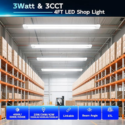 hykolity LED Shop Lights 4FT, 3CCT Selectable 4000K/5000K/6500K, Adjustable 25W/34W/42W, 5500LM Linkable Shop Lights for Garage, Ceiling or Hanging Mount, 4 Pack