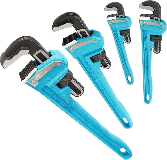 DURATECH 4-Piece Heavy Duty Pipe Wrench Set, 8 ",10 ", 14 ", 18 ", Adjustable Plumbing Wrench, Malleable Cast Iron Handle, Exceed GGG Standard