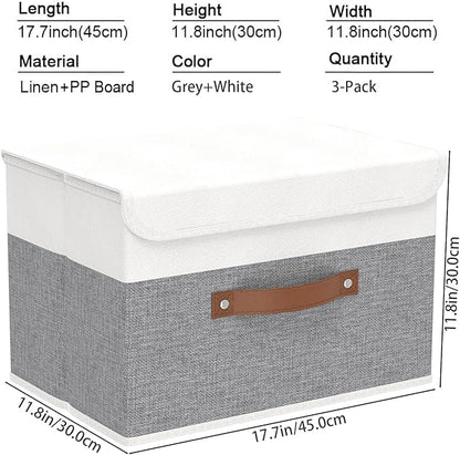 Yawinhe Storage Bins with Lids, Fabric Foldable Boxes, Washable and Leather Handle, Cube Organizer Basket for Home, Closet, White/Grey, 17.7''Lx11.8''Wx11.8''H, 3-Pack, USNK024WGX-3