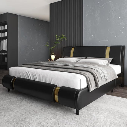 TTVIEW Modern Faux Leather Upholstered Platform Bed Frame with Golden Iron Metal Decor, Adjustable Curved Headboard, Wooden Slats Support, No Box Spring Needed, Queen Size, Black
