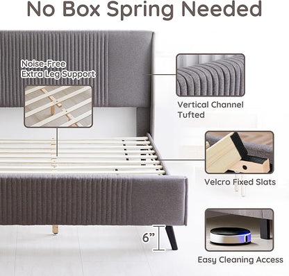 Livinia Sunset King Size Wingback Platform Bed, Fabric Upholstered King Bed Frame with Vertical Channel Tufted Headboard Footboard, Strong Wood Slats, No Box Spring Needed, Gray