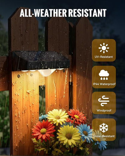 Solar Fence Lights Outdoor, Fence Light Solar Powered 4 Pack, 3 Modes Motion Sensor Outdoor Waterproof, 4 LEDs Warm White Outdoor Security Light for Fence Patio Yard Gate Garage Pool Wall