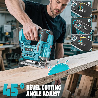 Jig Saw Compatible with Makita 18V Battery, Laser Guide Cordless Jigsaw Tool, Brushless Motor, Variable Speed, 45° Bevel Angle Cut, LED Light, 3 Orbital Sets, 6PCS Blades (No Battery)
