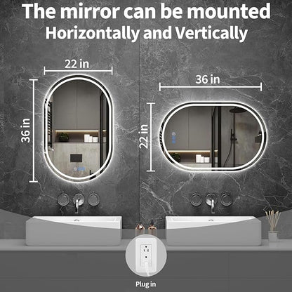Oval LED Bathroom Mirror, 22"x 36" Frameless LED Mirror with Front Light and Backlit, Anti-Fog, Dimmable Modern Wall Mounted Lighted Mirror，Pill-Shaped Smart Mirror Bathroom