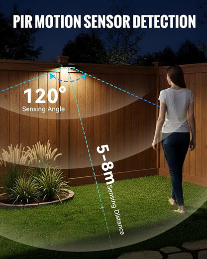 Solar Fence Lights Outdoor, Fence Light Solar Powered 4 Pack, 3 Modes Motion Sensor Outdoor Waterproof, 4 LEDs Warm White Outdoor Security Light for Fence Patio Yard Gate Garage Pool Wall