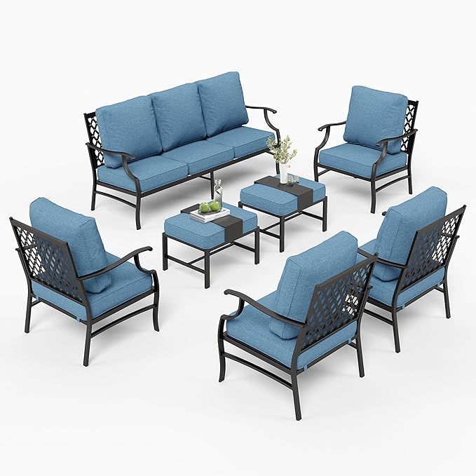 Patio Furniture Set 7 pcs, Outdoor Patio Furniture, 3-Seat Sofa, 4 Single Chairs, 2 Ottomans and 5.75" Extra Thick Cushion, Conversation Set for Backyard Deck,Navy Blue