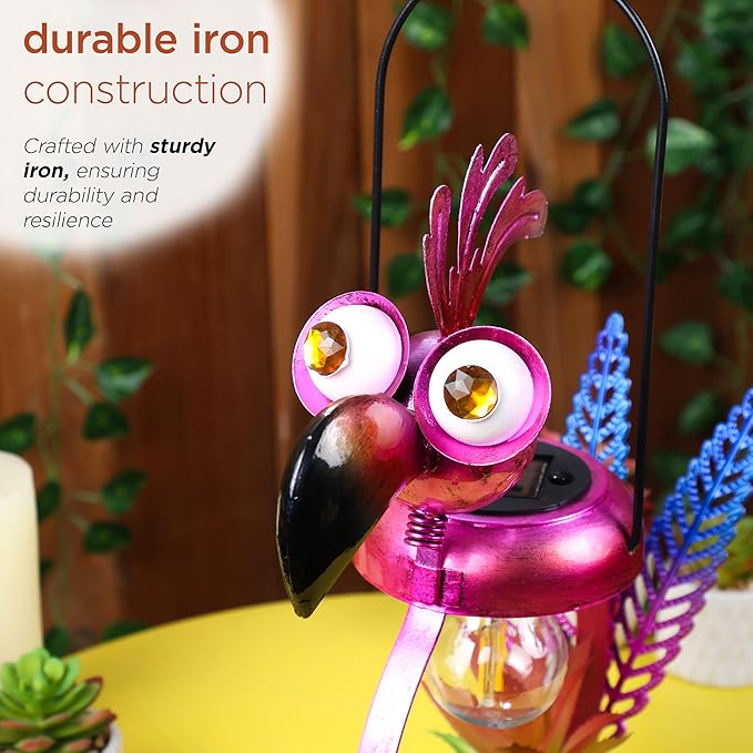 Alpine Corporation LYT288SLR-HH Solar-Powered Metal Flamingo w/Garden Enclosed LED Light, Solar Patio Décor, 16''H, Pink