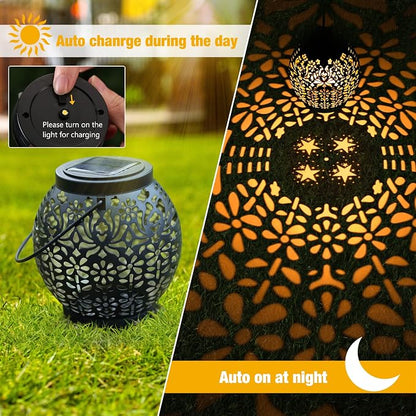 ODEETRONIC 2 Pack Warm White Outdoor Hanging Solar Garden Lanterns with Star Projection, Retro Hollowed-Out LED Lights, Waterproof for Yard Patio Lawn Porch Pathway Garden