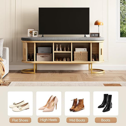 47.2'' Entryway Storage Bench Seat with Sliding Door, Large Shoe Bench with Sturdy Metal Feet & Soft Cushion, Multi-Scene Use for Entrance, Bedroom & Living Room（Oak）