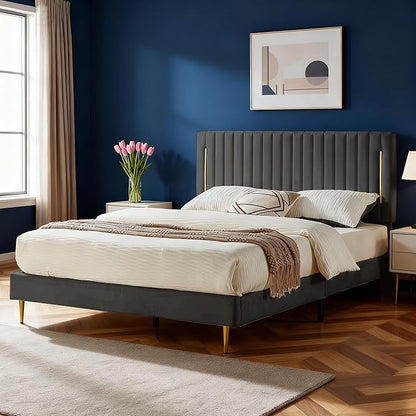King Platform Bed Frame, Velvet Upholstered Bedframe with Vertical Channel Adjustable Headboard, Golden Plating Trim, Mattress Foundation with Wooden Slats, No Box Spring Needed, Grey
