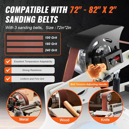 VEVOR Belt Grinder Sander, 72 x 2-Inch Variable Speed Belt Polisher with VFD, 1500W Knife Sharpener with 3 Grinding Moulds & 3PCS Sanding Belts for Metalworking, Compatible with 72"- 82 * 2" Belts