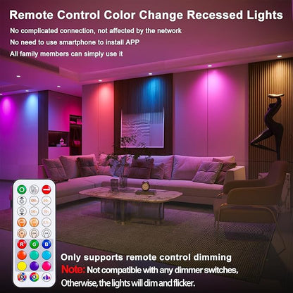 Recessed Lighting 5/6 Inch Color Changing LED Black Can Lights for Ceiling 13W 1050LM Retrofit Recessed Lights with Baffle Trim RGBCW Downlight Dimmable by Remote Control, Memory, Delayed Off, 1 Pack