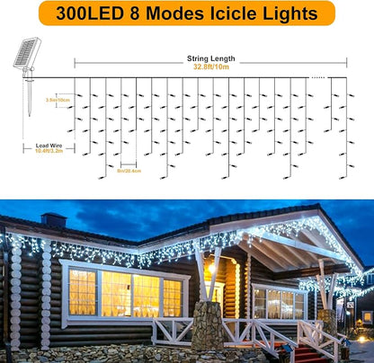 300 LED Solar Icicle Lights Outdoor with Remote Control, 33ft 8 Modes Curtain String Lights with 50 Drops, Christmas Holiday Wedding Party Decorations, White