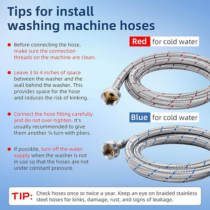 Stainless Steel Washing Machine Hoses 4FT Washer Hoses 3/4" NPT Connection Red and Blue Water Supply Lines by Fetechmate Hot and Cold Washer Hoses (2 Pack) - 10 YEAR WARRANTY