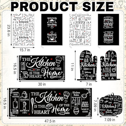 Black and White Kitchen Decor Set 10 Piece - Chalkboard Art Baking Theme Kitchen Rugs, Oven Mitts, Pot Holders and Towels - Modern Farmhouse Kitchen Rules Accessories