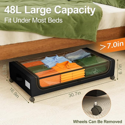 GoMaihe Under Bed Storage with Wheels: 48L Underbed Storage Containers with Clear Lids - Rolling Drawers & Bins for Shoes Clothes in Dorm Bedroom - Space-Saving Easy Pull-out Black 4-Pack