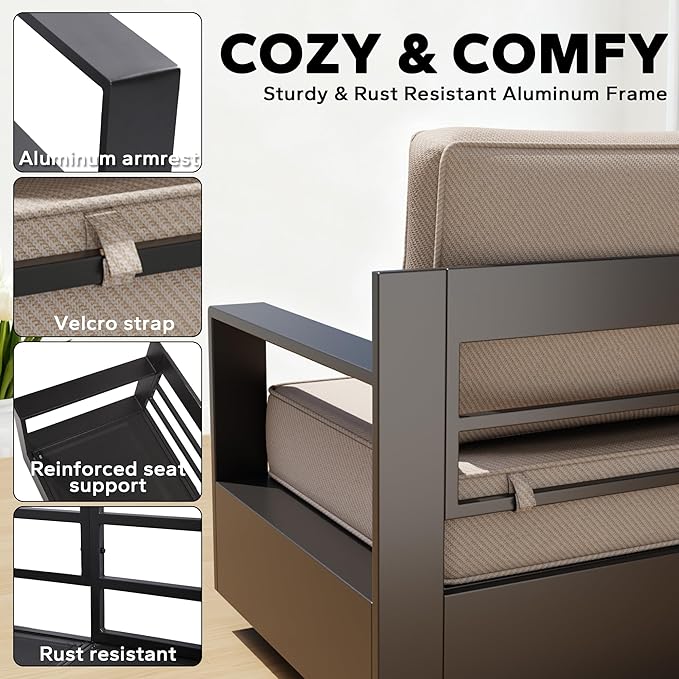 Aluminum Outdoor Conversation Furniture Set with Furniture Covers & 6" Cushions- Patio 79" Sofa with 4 Chairs & 63" Steel Propane Fireplace, 50,000 BTU Fire Pit with CSA Certified (Beige)