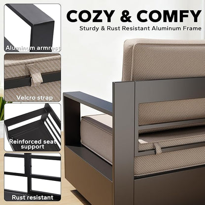 Aluminum Outdoor Conversation Furniture Set with Furniture Covers & 6" Cushions- Patio 79" Sofa with 4 Chairs & 63" Steel Propane Fireplace, 50,000 BTU Fire Pit with CSA Certified (Beige)