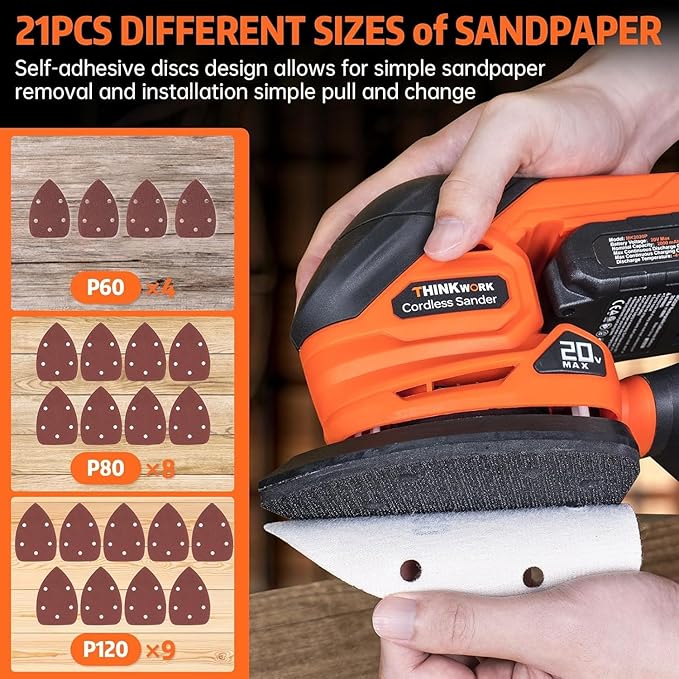 THINKWORK Cordless Detail Sander - 20V/2.0 Ah Battery Sander, 12000 RPM Electric Palm Sander with Dust Collection System for Sanding Tight Spaces on Wood Surfaces, Included 21 Sandpapers