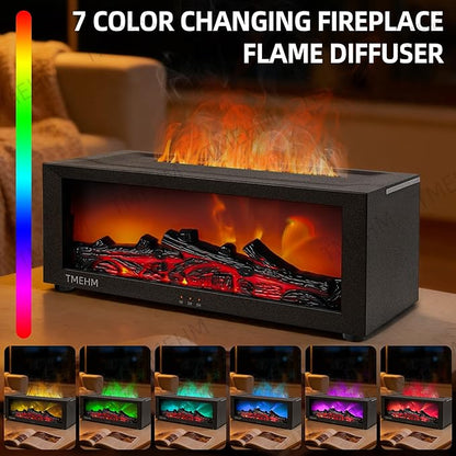 Fireplace Flame Air Diffuser Humidifier,7 Colors Aromatherapy Essential Oil Diffuser,Ultrasonic Aroma Humidifier with Timer for Home,Bedroom,Office,Yoga (Black, L)