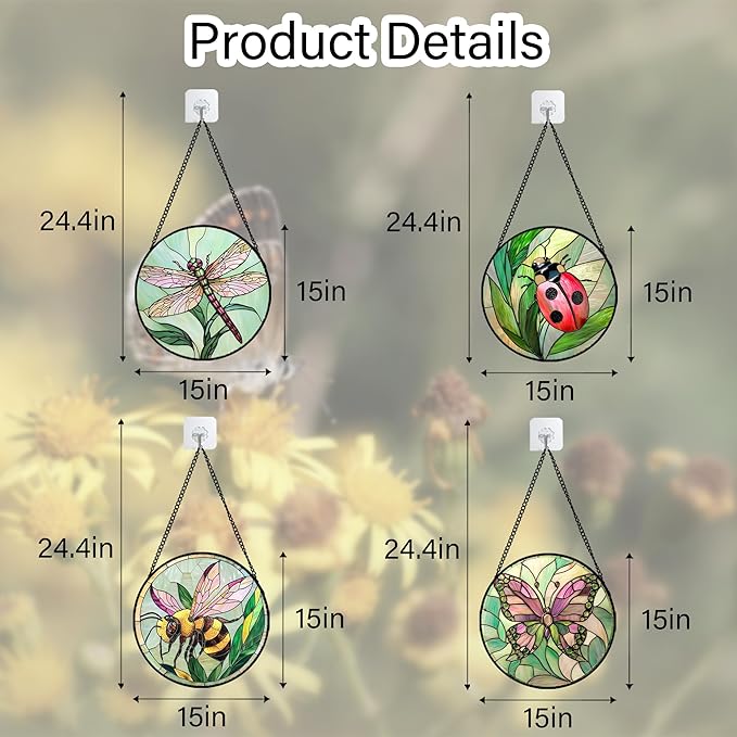 Stained Glass Window Hanging 4 Pcs Set Pink Green Insect Theme Large 15" - Butterfly Suncatcher Door Garden Sun Catcher Decor Birthday Christmas for Mom Woman Nana Men