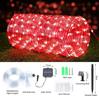 Jnaurb Solar Rope Lights, 2 Pack Total 66ft 200LED Solar String Lights, 8 Modes Waterproof Solar Outdoor Light, Flexible Clear Trampoline Light for Garden Yard Patio Deck Porch Pool Tree Decor - Red