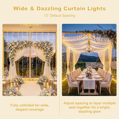 JMEXSUSS 600 LED Curtain Lights Outdoor, 9.5ft x 19.6ft Window Hanging Lights with Remote, Plug in, 8 Modes, Indoor String Lights for Bedroom, Wall, Xmas, Party, Backdrop, Wedding Decor, Warm White