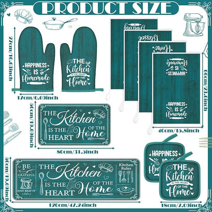 Fourluoo 10 Pcs Farmhouse Kitchen Decor and Accessories Set 4 Kitchen Towels 2 Pot Holders 2 Oven Mitts 2 Rugs for Cooking Baking Mom Housewarming Gifts(Light Blue,Classic Style)