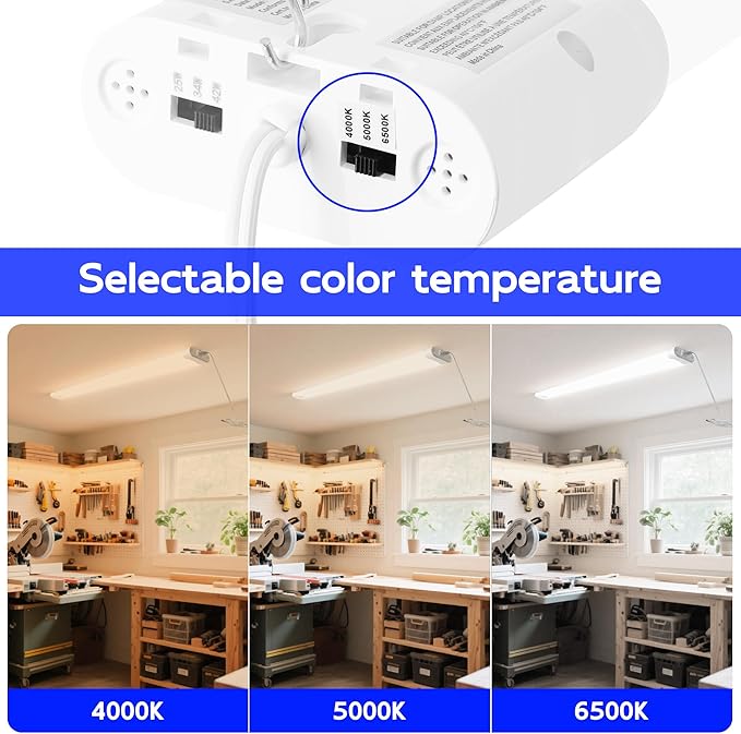 hykolity LED Shop Lights 4FT, 3CCT Selectable 4000K/5000K/6500K,Adjustable 25W/34W/42W, 5500LM Linkable Shop Lights for Garage, Ceiling or Hanging Mount, 2 Pack