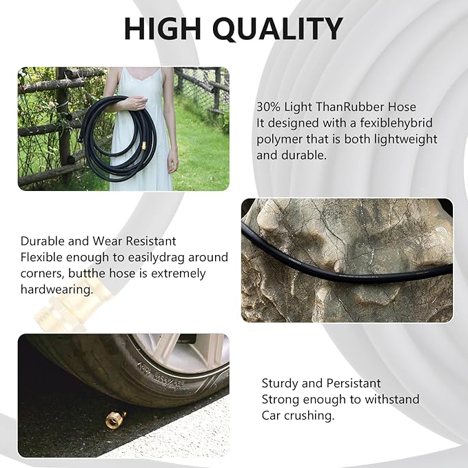 Garden Hose 5/8" x 100ft - Brass Rubber Heavy Duty Water Hose 600 PSI Burst Pressure, Durable Flexible Hose for Yard, Car Wash, Pets Black