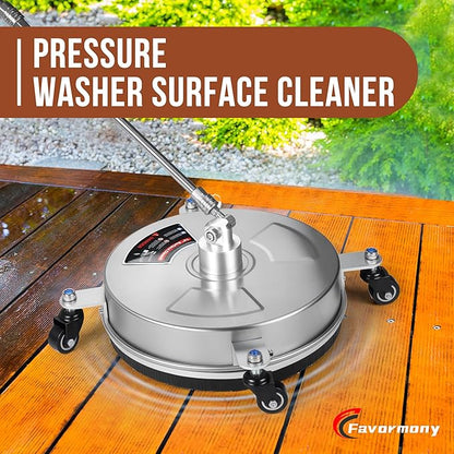 14" Pressure Washer Surface Cleaner with Wheels, 4000PSI Stainless Steel Surface Cleaner with 1/4" Quick Plug and 2 Extension Wands, for Patio Sidewalks, Deck, Porch Cleaning