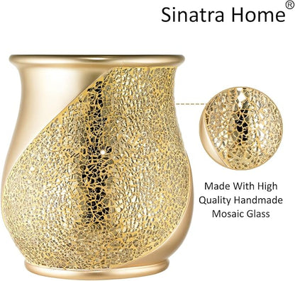 Zahari Home 2pc Sinatra Modern Bath Accessories Set Waste Basket & Tissue Box Champagne Gold Modern Decorative Beautiful Designs Bathroom Decor Set for Home Luxury Bath Set Mosaic Glass