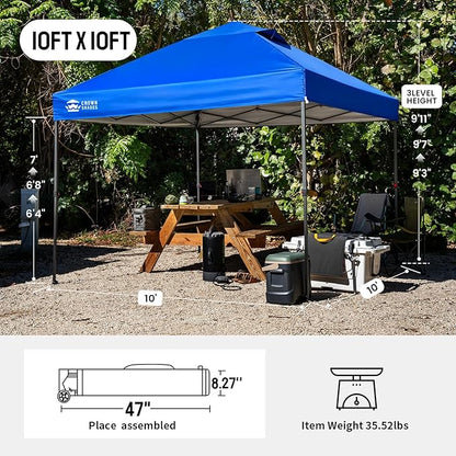CROWN SHADES 10x10 Pop Up Canopy Tent - Patented Center Lock One Push Instant Outdoor Canopy Beach Tent with STO-N-Go Bag 8 Stakes & 4 Sand Bags，Blue