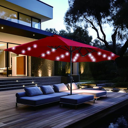PHI VILLA 15ft Large Patio Umbrellas with 36 LED Solar Lights, Double-Sided Outdoor Market Rectangle Umbrellas, Base (Stand) Included, Dark Red